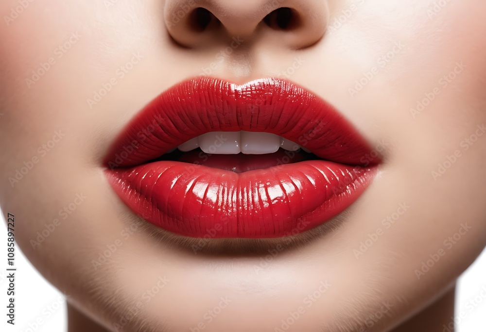 Obraz premium Closeup macro portrait of female part of face. Human woman lips with day beauty makeup. Girl with perfect plump lips shape.