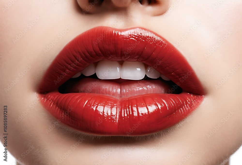 Fototapeta premium Closeup macro portrait of female part of face. Human woman lips with day beauty makeup. Girl with perfect plump lips shape.