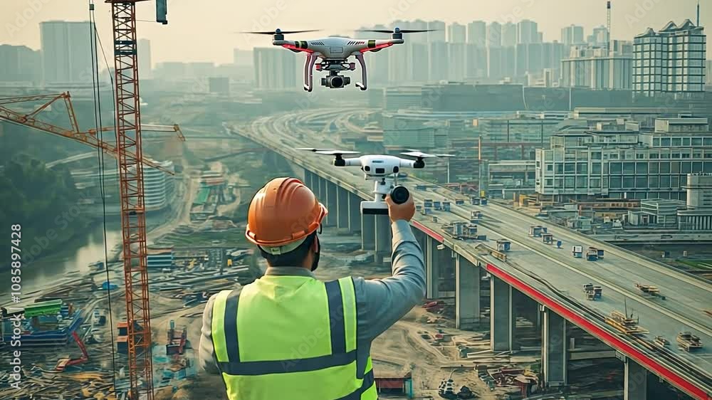 Drone Surveying the City: A construction worker on a high-rise building ...