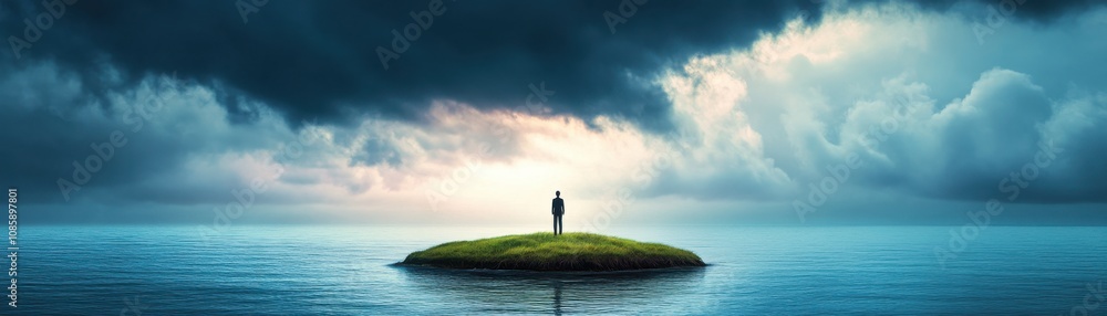 Solitary figure on an island under stormy skies. Solitary figure on an island under stormy skies.
