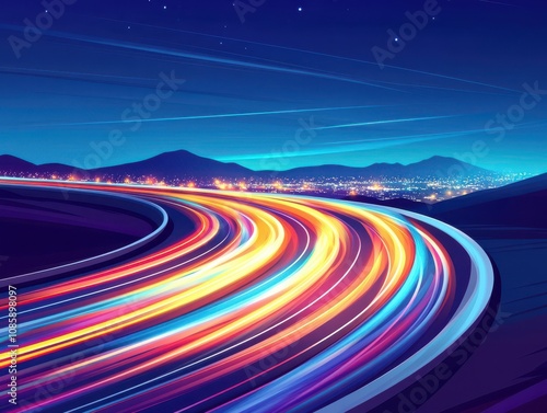 Vibrant night highway with colorful light trails.