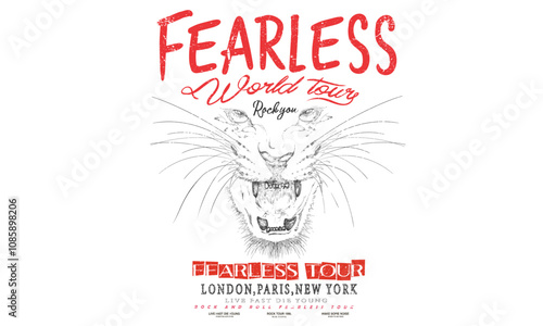 Fearless world tour. Tiger face artwork. Rock star design. Tiger face vector artwork for t shirt and others. Rock and roll graphic print design for apparel, stickers, posters and background.