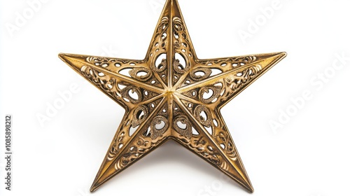 A Christmas star, tree topper, sleek modern design, metallic gold texture, isolated on white background 