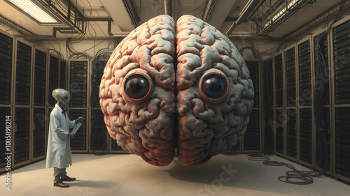 In the center of the room, a colossal human brain is intricately connected to advanced computers housed in the surrounding racks by millions of wires. This extraordinary Brain possesses two eyes that  photo