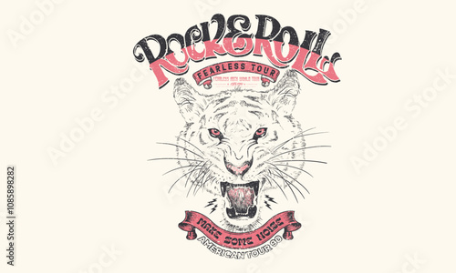 Rock and roll graphic print design for apparel, stickers, posters and background. Fearless world tour. Tiger face artwork. Rock star design. Tiger face vector artwork for t shirt and others. 