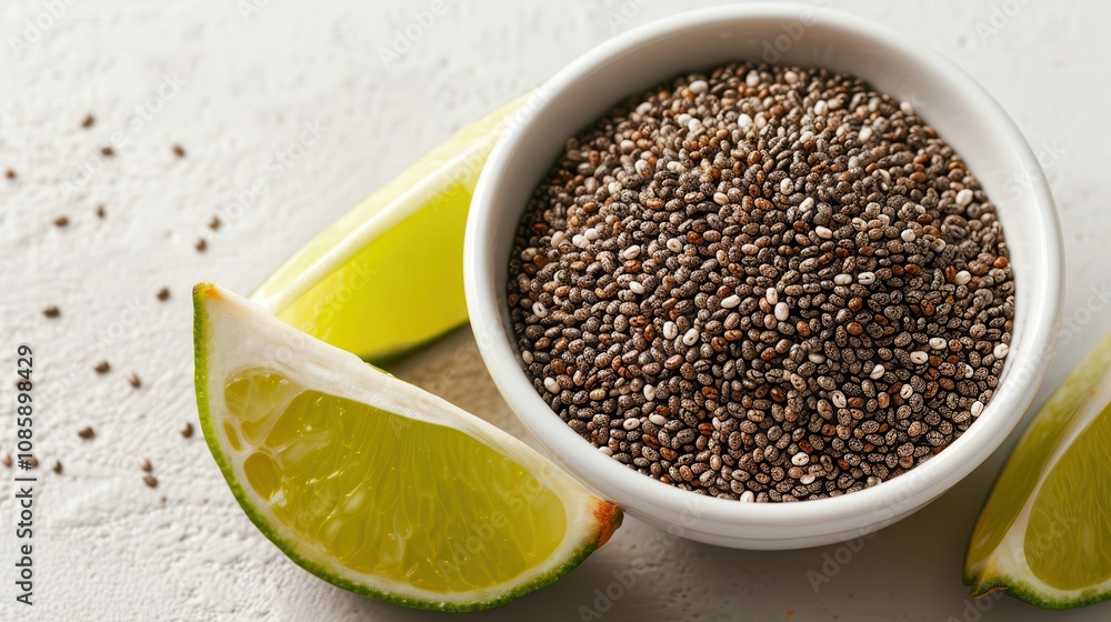 Chia seed and lime. A bowl of chia seeds surrounded by fresh lime wedges on a light background. Chia seed and lime. A bowl of chia seeds surrounded by fresh lime wedges on a light background.