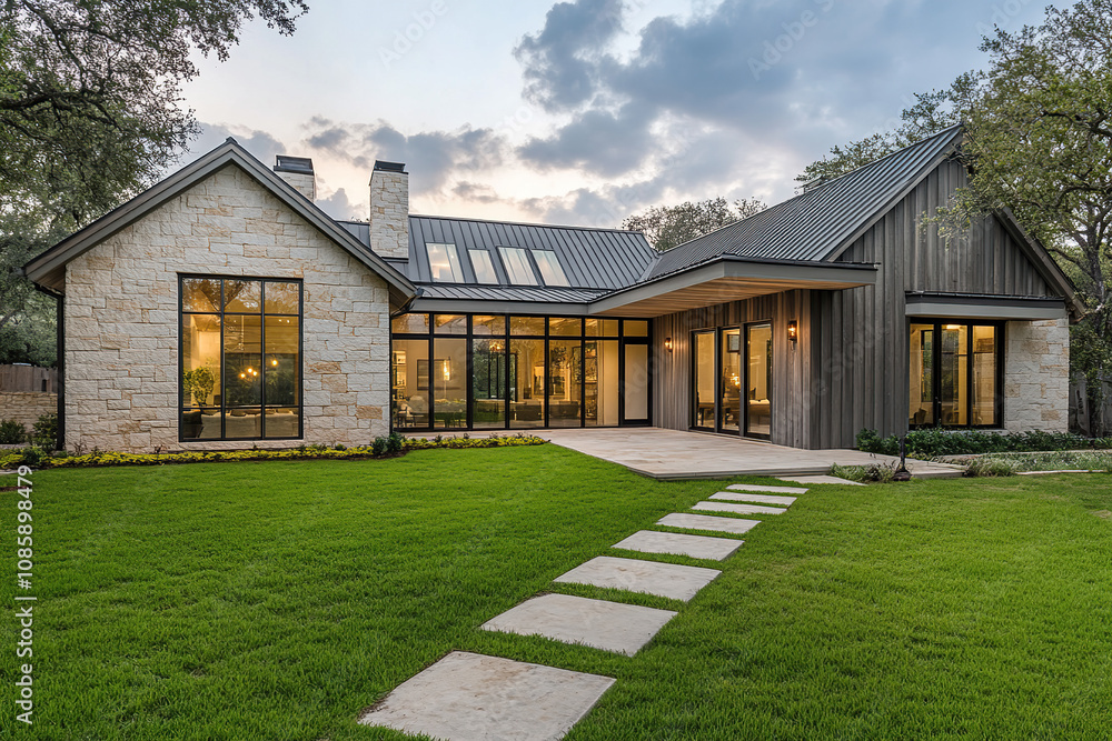 A beautiful modern farmhouse in Texas, with large windows and stone exterior walls. The home has an open-concept design, featuring high ceilings, skylights that light up the interior, and concrete flo A beautiful modern farmhouse in Texas, with large windows and stone exterior walls. The home has an open-concept design, featuring high ceilings, skylights that light up the interior, and concrete flo