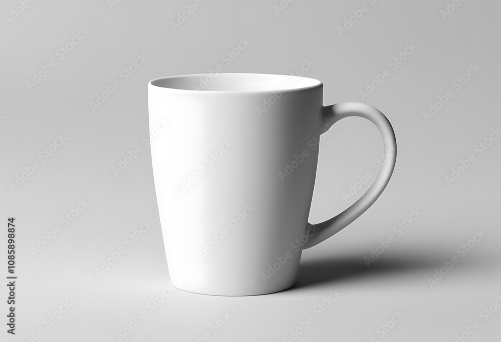 Realistic 3D rendering of a plain white ceramic coffee mug with a handle, isolated on white background. Ideal for branding mockups, promotional materials, or design presentations