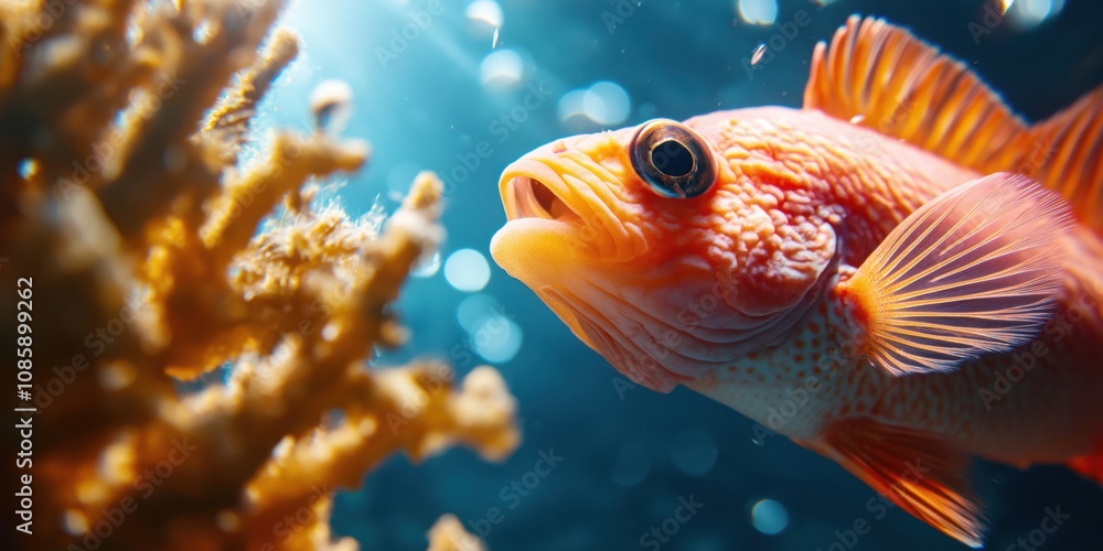 Fototapeta premium A fish swimming next to a bright, neon-colored coral