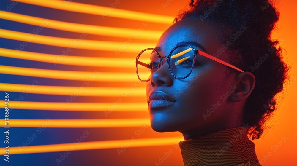 young woman with curly hair wears chic glasses while posing confidently amidst a backdrop of bright orange and blue lighting, showcasing modern creative expression young woman with curly hair wears chic glasses while posing confidently amidst a backdrop of bright orange and blue lighting, showcasing modern creative expression