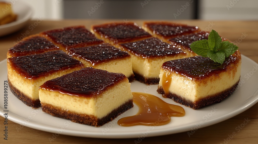 Savor the rich flavors of this creamy caramel flan, expertly sliced and beautifully presented Savor the rich flavors of this creamy caramel flan, expertly sliced and beautifully presented