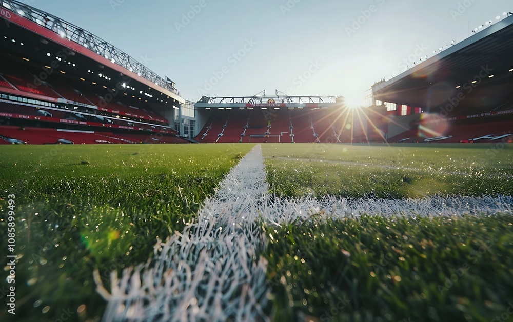 Obraz premium 3D rendering of a large football stadium with bright lights and green grass