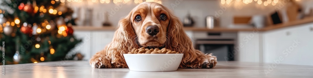 Golden Cocker Spaniel. Dog Looking At Camera In Kitchen Waiting Meal. Dry Food In Bowl. Golden Cocker Spaniel. Dog Looking At Camera In Kitchen Waiting Meal. Dry Food In Bowl.
