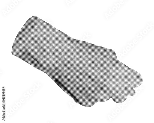 Hand showing the fig gesture with thumb tucked between fingers, isolated in retro halftone dot style. Nostalgic 1990s inspired symbol of provocation or rudeness. Vintage grunge