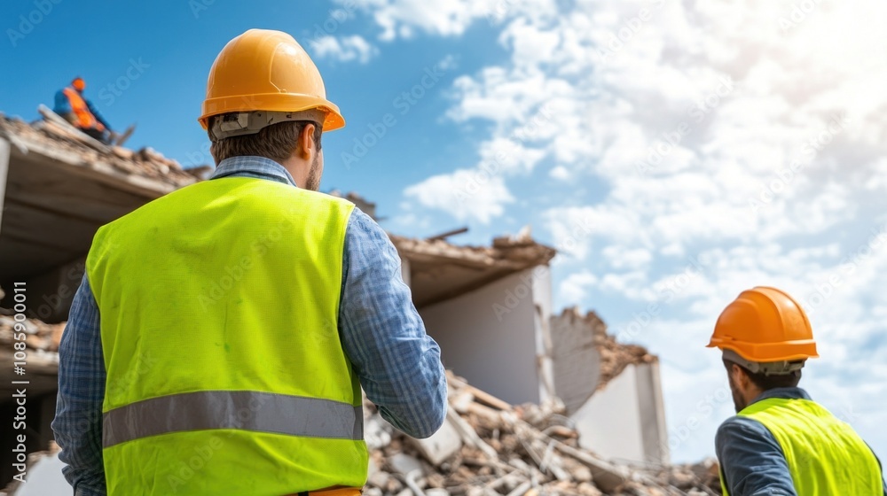 Two construction workers in safety gear survey a demolition site, assessing the ongoing dismantling of a building while ensuring adherence to safety measures Two construction workers in safety gear survey a demolition site, assessing the ongoing dismantling of a building while ensuring adherence to safety measures