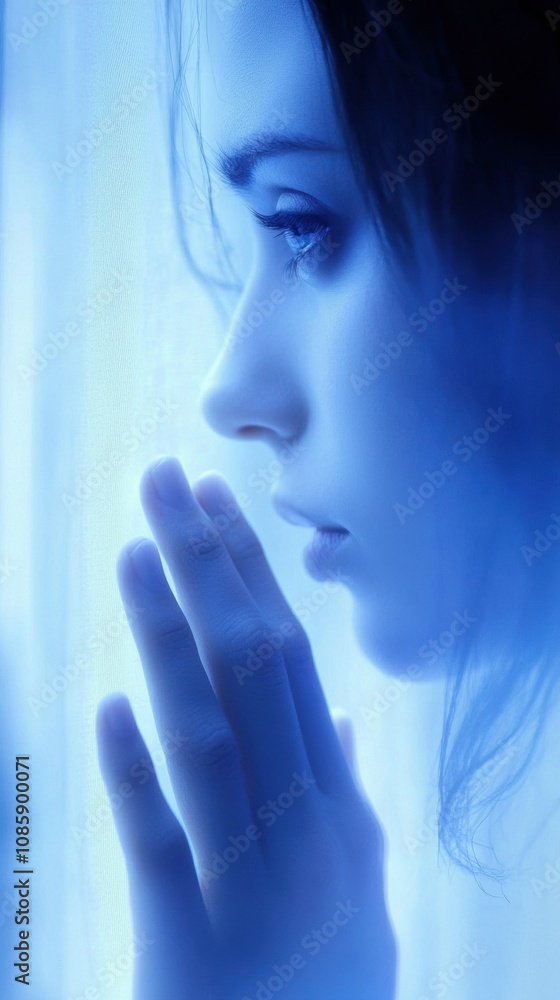 A woman gazes thoughtfully out a window, bathed in soft blue light, AI A woman gazes thoughtfully out a window, bathed in soft blue light, AI