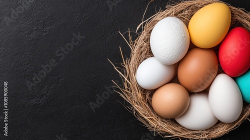 A collection of vibrant eggs in various colors is nestled in straw, resting on a dark surface, symbolizing the arrival of spring and festive occasions