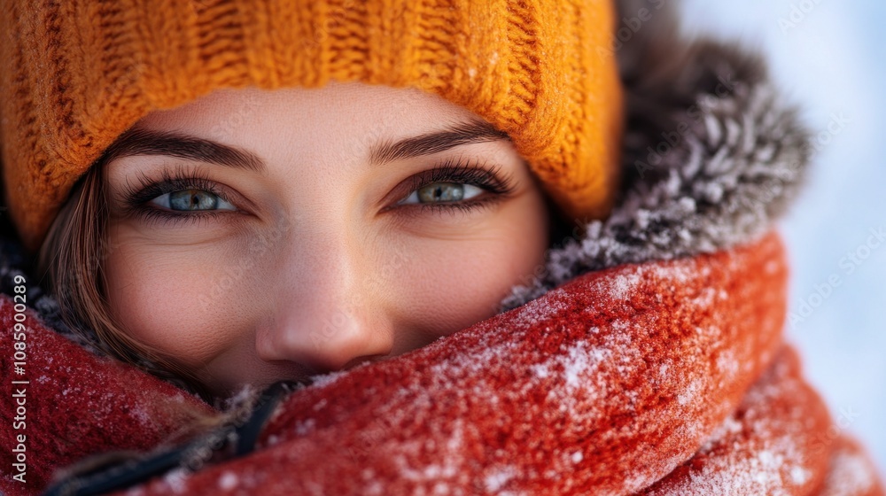 This young woman smiles brightly while wrapped in an orange scarf and a knit hat, surrounded by a snowy backdrop, conveying the joy of winter outdoors This young woman smiles brightly while wrapped in an orange scarf and a knit hat, surrounded by a snowy backdrop, conveying the joy of winter outdoors
