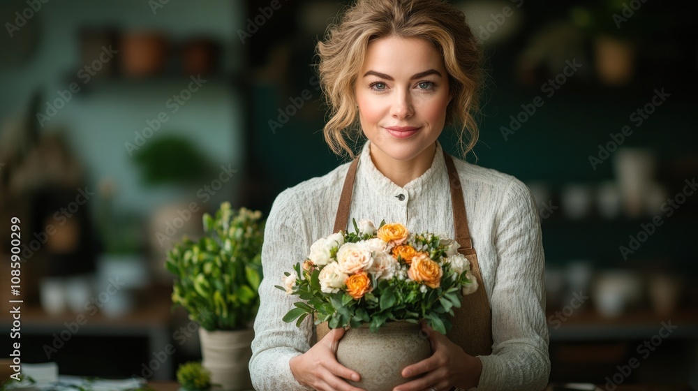 florist smiles warmly while holding a beautifully arranged bouquet of vibrant flowers in a rustic vase. shop is filled with greenery, creating a welcoming atmosphere florist smiles warmly while holding a beautifully arranged bouquet of vibrant flowers in a rustic vase. shop is filled with greenery, creating a welcoming atmosphere