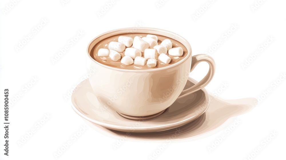 A cup of hot cocoa, holiday beverage, photorealistic illustration, topped with marshmallows, isolated on white background A cup of hot cocoa, holiday beverage, photorealistic illustration, topped with marshmallows, isolated on white background