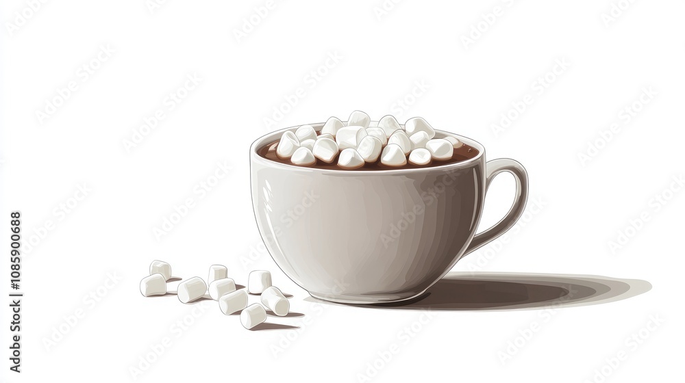 A cup of hot cocoa, holiday beverage, photorealistic illustration, topped with marshmallows, isolated on white background A cup of hot cocoa, holiday beverage, photorealistic illustration, topped with marshmallows, isolated on white background