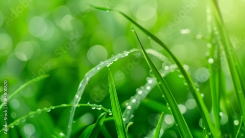 Wallpaper Mural Vibrant green grass blades are glistening with fresh dew drops in the soft morning sunlight, creating a refreshing and serene natural scene Torontodigital.ca