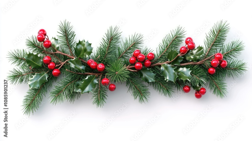 A holiday garland, festive decoration, lush evergreen with red berries, hyper-realistic style, isolated on white background A holiday garland, festive decoration, lush evergreen with red berries, hyper-realistic style, isolated on white background