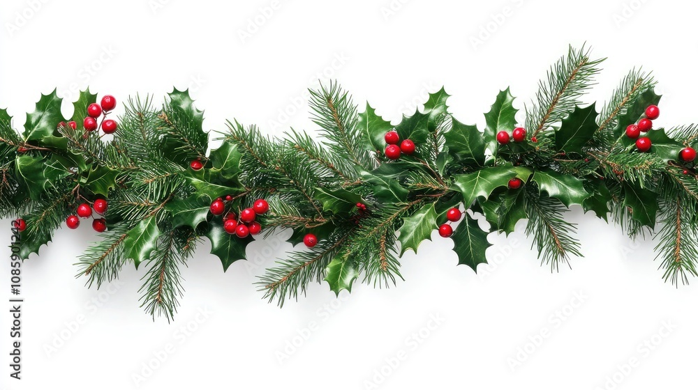 A holiday garland, festive decoration, lush evergreen with red berries, hyper-realistic style, isolated on white background A holiday garland, festive decoration, lush evergreen with red berries, hyper-realistic style, isolated on white background