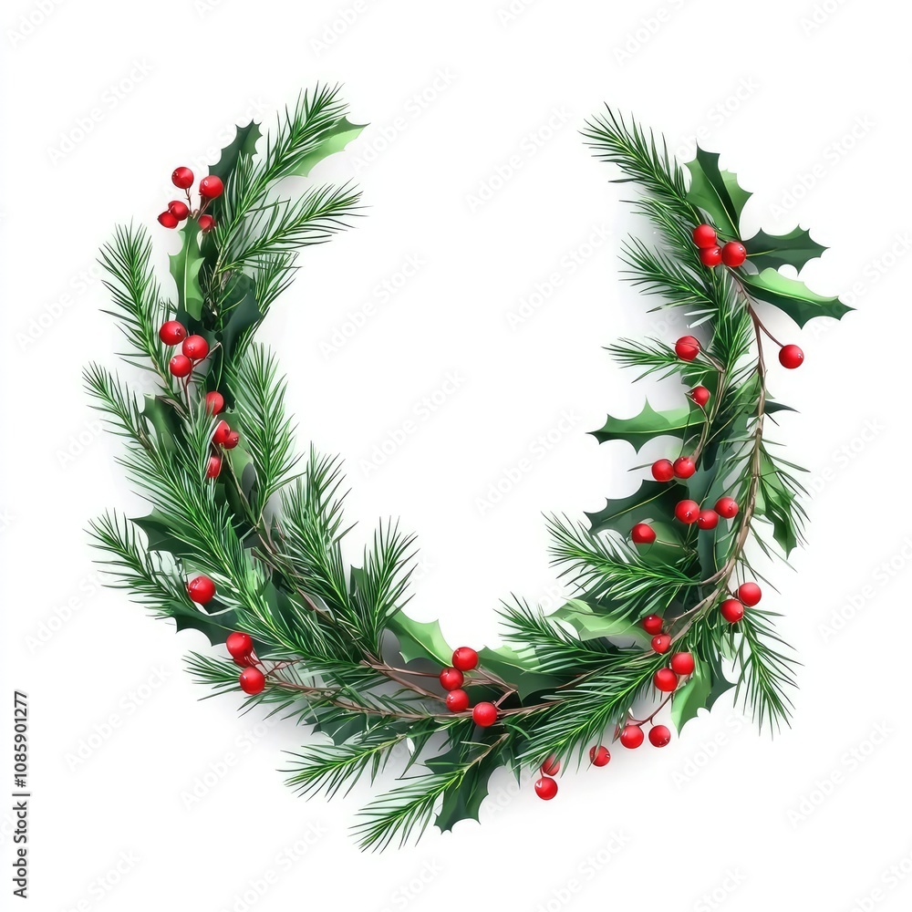 A holiday garland, festive decoration, lush evergreen with red berries, hyper-realistic style, isolated on white background A holiday garland, festive decoration, lush evergreen with red berries, hyper-realistic style, isolated on white background