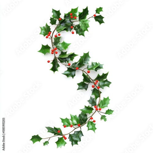 A holiday garland, festive decoration, lush evergreen with red berries, hyper-realistic style, isolated on white background