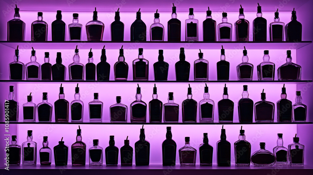 A lot of wine and spirits bottles on shelves in a bar, violet blue, electric neon illumination A lot of wine and spirits bottles on shelves in a bar, violet blue, electric neon illumination
