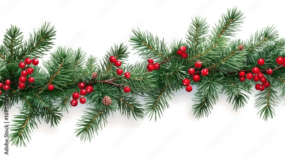 A holiday garland, festive decoration, lush evergreen with red berries, hyper-realistic style, isolated on white background A holiday garland, festive decoration, lush evergreen with red berries, hyper-realistic style, isolated on white background