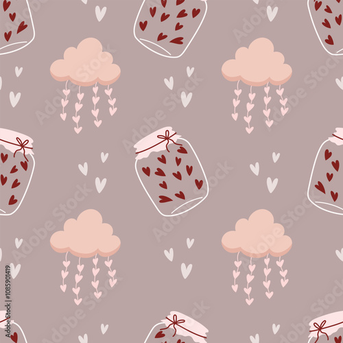 Cute seamless pattern with little hearts in a jar and clouds. Vector pastel background. Valentine's day and love