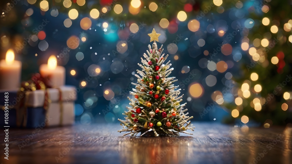 Towering Christmas tree with shimmering decorations and a star topper Towering Christmas tree with shimmering decorations and a star topper