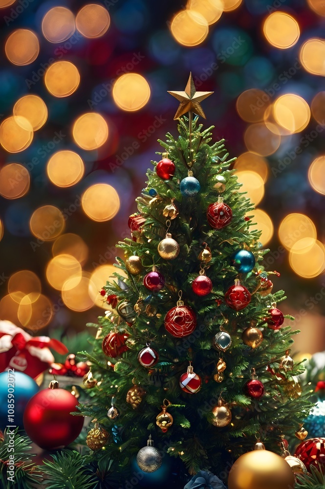 Fototapeta premium A majestic Christmas tree adorned with glowing lights and ornaments.