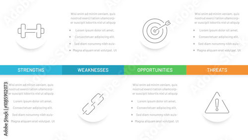 Timeline SWOT analysis consists of 4 stages: strengths, weaknesses, opportunities, threats. Can be used as a presentation slide