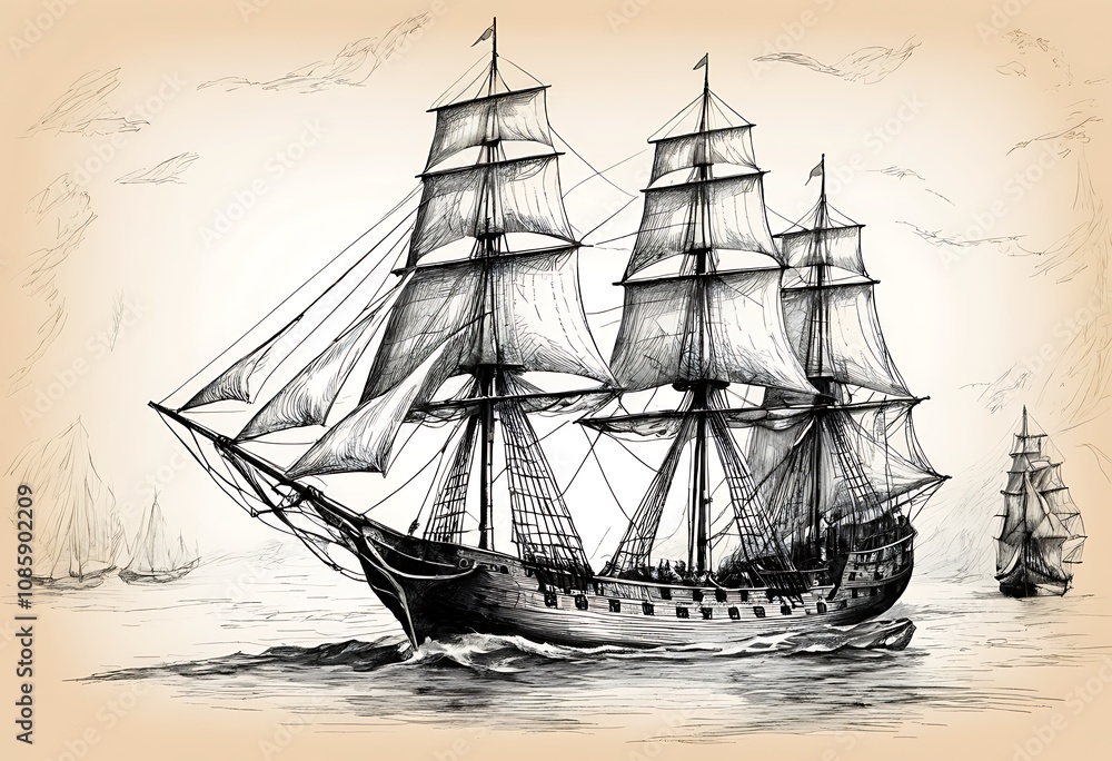 Barque hand drawing engraving style,Vintage barque isolate on old paper ...