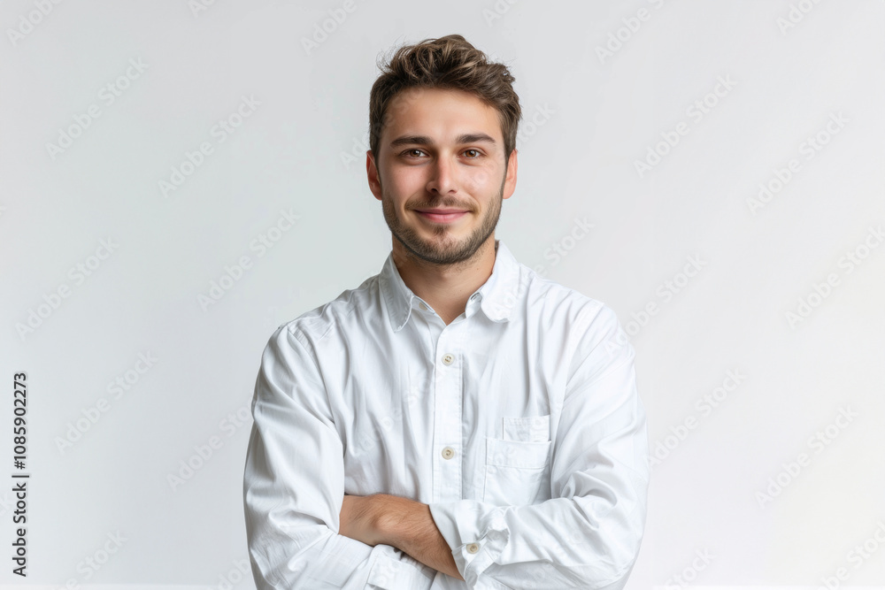 Caucasian man in comfortable, everyday outfits that transition seamlessly from casual to professional, this scene is set against a clear white backdrop. Caucasian man in comfortable, everyday outfits that transition seamlessly from casual to professional, this scene is set against a clear white backdrop.