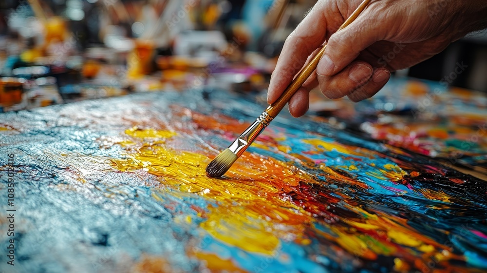 A hand skillfully applies bright colors to canvas, showcasing artistic creativity and passion A hand skillfully applies bright colors to canvas, showcasing artistic creativity and passion