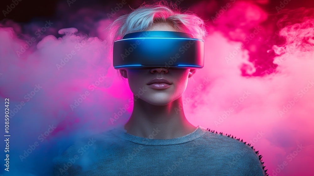 A person dons a high-tech headset, lost in a vibrant, otherworldly experience A person dons a high-tech headset, lost in a vibrant, otherworldly experience