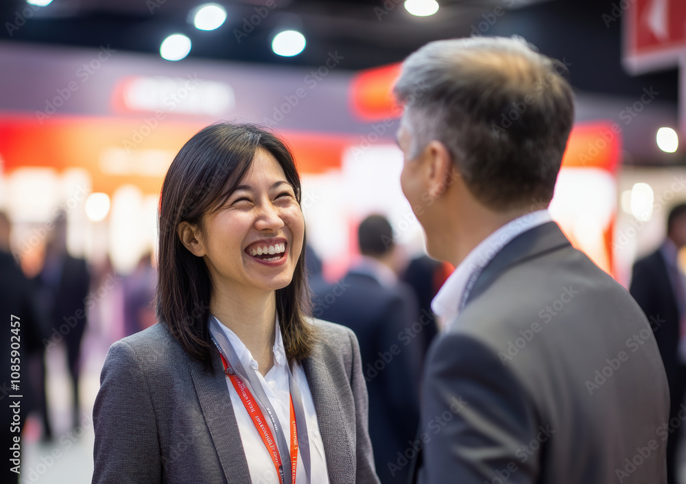 Asian businesswoman engages warmly with colleagues at a networking event, creating a welcoming environment. Asian businesswoman engages warmly with colleagues at a networking event, creating a welcoming environment.