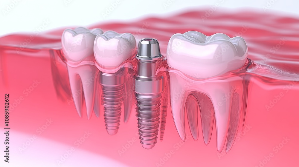 Dental implants are shown next to natural teeth in a professional dental setting Dental implants are shown next to natural teeth in a professional dental setting
