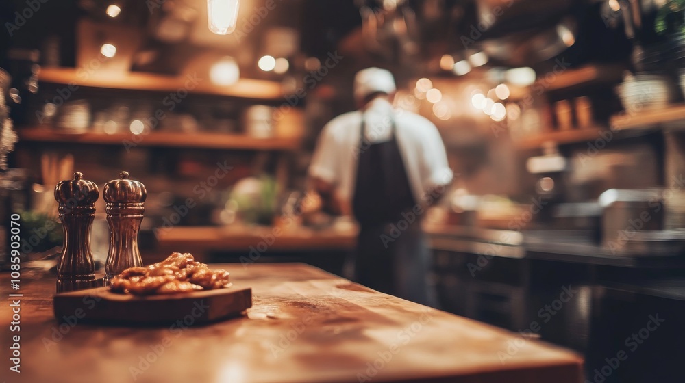 Salt and Pepper Shakers on a Wooden Countertop in a Blurred Restaurant Kitchen Salt and Pepper Shakers on a Wooden Countertop in a Blurred Restaurant Kitchen