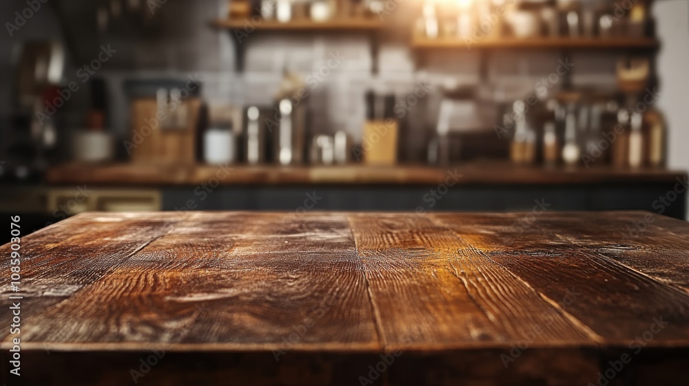 Rustic Wooden Tabletop with Blurred Kitchen Background, Ready for Your Product Display Rustic Wooden Tabletop with Blurred Kitchen Background, Ready for Your Product Display