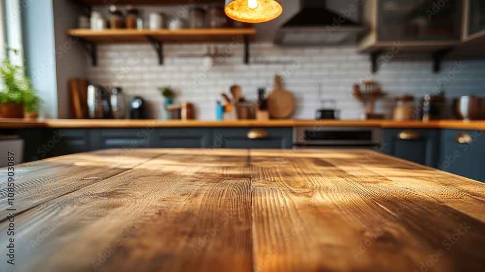 Rustic Wooden Tabletop in a Cozy Kitchen with Warm Lighting Rustic Wooden Tabletop in a Cozy Kitchen with Warm Lighting