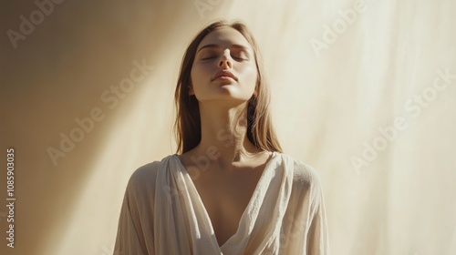 Sunlight and Serenity A Portrait of Tranquility in Soft Hues and Delicate Drapery