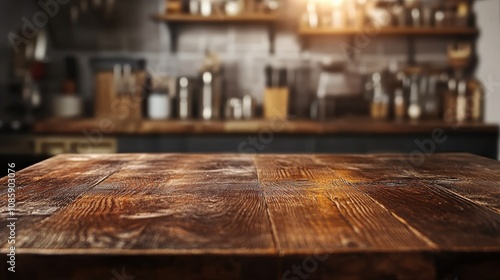 Rustic Wooden Tabletop with Blurred Kitchen Background, Ready for Your Product Display