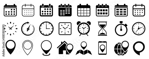 Date, time and address icon set, web icons calendar, clock, stopwatch timer, location pin signs