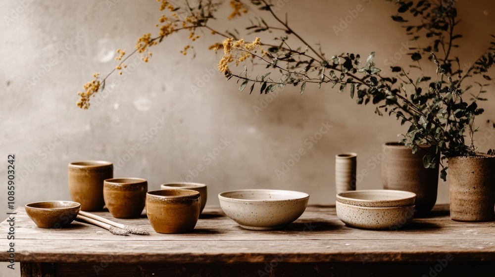 Earthy Still Life Rustic Pottery and Dried Blooms on a Weathered Wooden Table Earthy Still Life Rustic Pottery and Dried Blooms on a Weathered Wooden Table