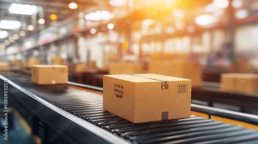 Conveyor Belt with Cardboard Boxes in a Warehouse, Focused on a Single Box Moving Towards the Light Conveyor Belt with Cardboard Boxes in a Warehouse, Focused on a Single Box Moving Towards the Light